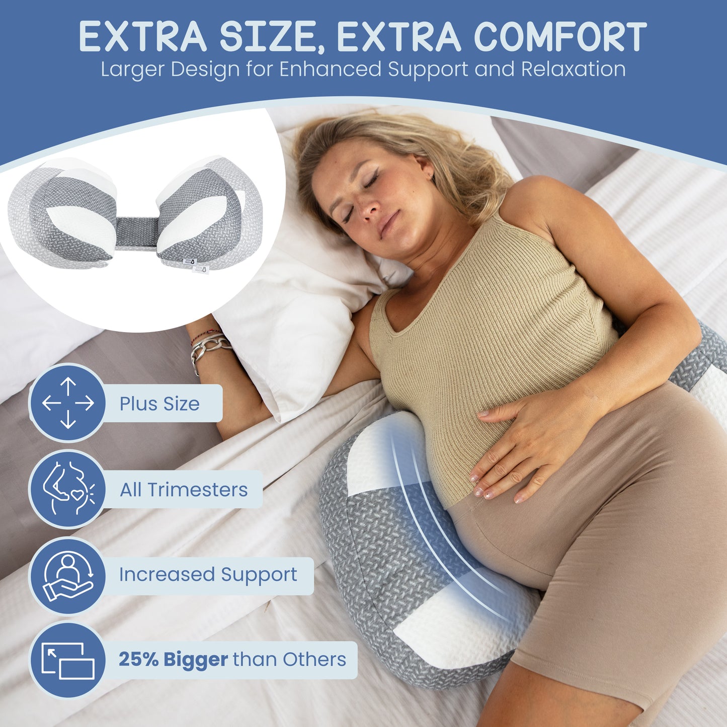 Full-body pregnancy pillow offering optimal support for expecting mothers, extra size