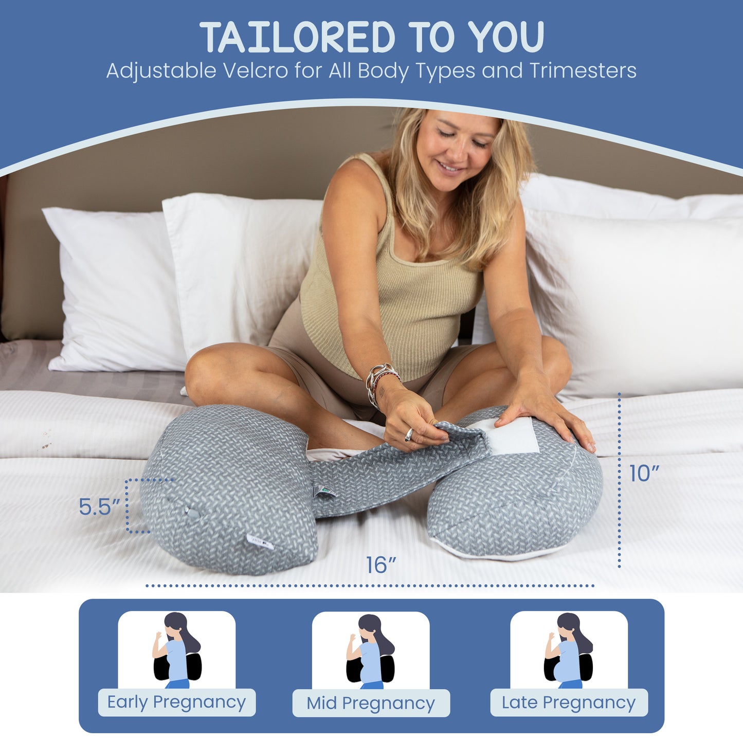 Ergonomic maternity pillows providing belly, back, and hip support for restful sleep, adjustable