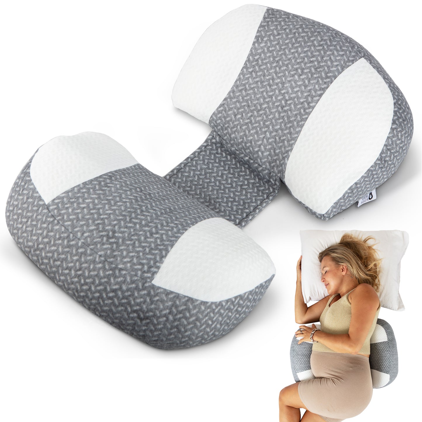 Ergonomic maternity pillows providing belly, back, and hip support for restful sleep